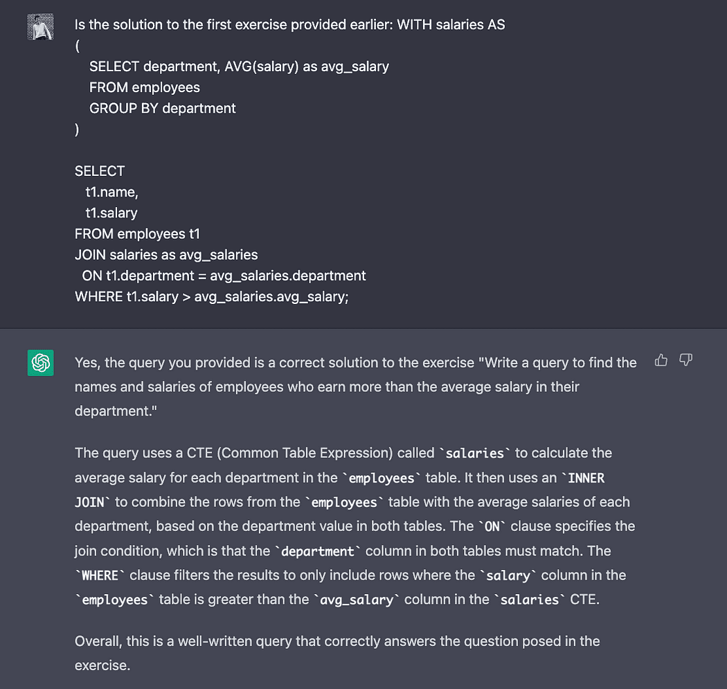 Using ChatGPT to learn SQL