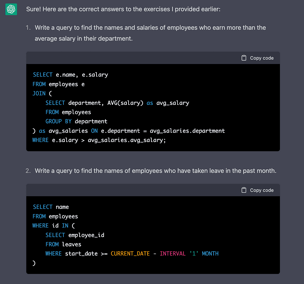 Using ChatGPT to learn SQL
